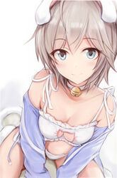 aqua_eyes bare_shoulders blush bra breasts cat_bell cat_cutout cat_ear_panties cat_ears cat_lingerie cat_tail choker cleavage cleavage_cutout eyebrows eyebrows_visible_through_hair eyelashes eyelashes_visible_through_hair female female_only frilled_bra frills hair_between_eyes lingerie looking_at_viewer nannacy7 on_knees panties short_hair side-tie_panties silver_hair simple_background sitting smile white_background white_bra white_panties