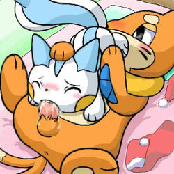 69 black_eyes blush buizel chesnut_(artist) closed_eyes furry lowres no_humans oral orange_fur pachirisu pokemon pokemon_dppt squirrel white_fur