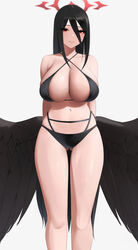 1girls 2021 ass_visible_through_thighs bikini bird_wings black_bikini black_hair blue_archive breasts brown_wings cleavage closed_mouth criss-cross_halter feathered_wings female female_focus female_only hair_between_eyes halo halterneck hasumi_(blue_archive) highres huge_breasts justice_task_force_(blue_archive) long_hair looking_at_viewer low_wings mole mole_under_eye multi-strapped_bikini navel red_eyes senju_(snz0) simple_background sling_bikini_top smile solo solo_female solo_focus spread_wings standing swimsuit trinity_general_school_student white_background wings