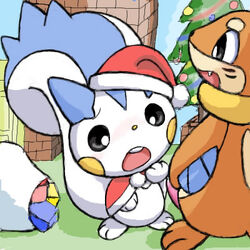 black_eyes buckteeth buizel cheek_spots chesnut_(artist) christmas christmas_tree fangs furry lowres open_mouth orange_fur pachirisu penis pokemon pokemon_dppt santa_costume santa_hat white_fur