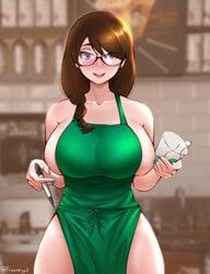 apron bakemonogatari blush breasts breasts_out_of_clothes brown_hair cafe clothing coffee cup earrings fraankyy green_apron hadaka_apron hanekawa_tsubasa high_resolution holding_cup huge_breasts iced_latte_with_breast_milk jewelry large_breasts long_hair looking_at_viewer megane meme monogatari_(series) open_mouth pen purple_eyes shoulders smile smiling_at_viewer standing starbucks thick_thighs thighs tied_hair very_high_resolution waitress wide_hips