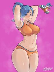 1girls armpits artsheops battle_girl_(pokemon) battle_girl_(pokemon_oras) blue_eyes blue_hair blush breasts clothed clothed_female eyebrows eyebrows_visible_through_hair female female_only hair_tie hand_on_head long_hair looking_at_viewer navel nintendo npc_trainer pink_background pokemon pokemon_oras sports_bra sportswear standing steam steaming_body thick_thighs thighs