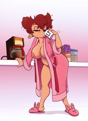 1girls animal_slippers anthro anthro_only bathrobe breasts bunny_slippers clothing coffee_mug cup disney drinking drxii ear_piercing eric_schwartz felid feline felis female footwear genitals goof_troop hair high_resolution large_breasts looking_at_viewer mammal mature mature_anthro mature_female messy_hair milf mug nipples open_clothes open_robe peg_pete piercing pink_robe robe slippers solo standing