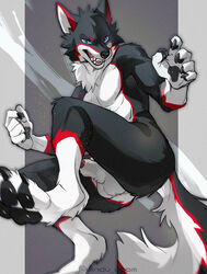 action_pose animal_genitalia anthro balls canid canine claws genitals hi_res looking_at_viewer male mammal pawpads paws penis poking_out pose sheath smile smirk solo toe_claws windwttom