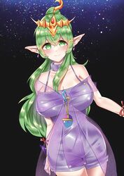 1girls alternate_costume bare_shoulders bare_thighs breasts cleavage collar collarbone commission cosplay dress earrings fire_emblem green_eyes green_hair hourglass_figure large_breasts long_hair looking_at_viewer nintendo older pointy_ears ponytail see-through smile solo thighs tiki_(fire_emblem) tiki_(tms#fe) tiki_(young)_(fire_emblem) tokyo_mirage_sessions_#fe very_long_hair waihihi