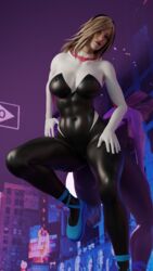 1girls 3d abs alenabyss ballet_slippers blonde_hair blue_eyes bodysuit breasts clothed female female_only gwen_stacy hairband large_breasts lipstick long_hair looking_at_viewer marvel mavixtious navel nipples_visible_through_clothing pinup skin_tight smile solo spider-gwen spider-man:_into_the_spider-verse spider-man_(series) superheroine toned_female