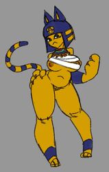 3_fingers animal_crossing ankha anthro areola big_breasts blue_hair breasts chest_wraps claws curvy_figure domestic_cat felid feline felis female fingers genitals hair hand_on_hip hi_res jewelry mammal markings necklace nintendo nipples pussy solo standing stickface striped_markings striped_tail stripes tail_markings thick_thighs video_games wraps yellow_body