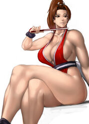 bangs bare_legs bare_shoulders brown_eyes brown_hair cleavage closed_mouth clothing crossed_legs fatal_fury female female_only folded_fan folding_fan hand_fan high_ponytail holding holding_fan invisible_chair king_of_fighters large_breasts light_smile lips long_hair looking_at_viewer mai_shiranui muscular_female ninja no_bra obi parted_bangs pelvic_curtain ponytail revealing_clothes sash sideboob sitting sleeveless smile snk solo thick_thighs thighs tied_hair traditional_clothes uneta