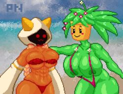 2girls abs areolae areolae_peeking artist_logo big_breasts bikini blaster_master blaster_master_zero_2 blazblue blush breasts breasts_bigger_than_head cat_ears cat_hood cat_humanoid crossover cute dark-skinned_female elemental_creature faceless_female female female_focus female_only flora_fauna floral_print flower_in_hair friends green_body green_hair green_skin huge_breasts kanna_(blaster_master) large_breasts mob_face muscular_female nipples_visible_through_clothing pixel_art plant plant_girl plant_hair plant_humanoid plantie pot simple_background skimpy skimpy_bikini smile spinneborg taokaka thick_thighs wholesome