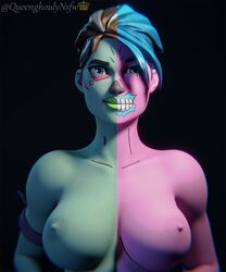 1girls 3d blue_hair boobs breasts brown_hair facepaint female female_only fortnite fortnite:_battle_royale front_view ghoul_trooper green_eyes green_skin looking_at_viewer naked nipples nude nude_female pink_skin queenghoulynsfw smile solo solo_female straight tagme tits