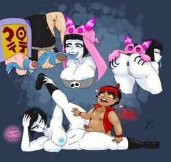 3boys anus bent_over big_ass big_breasts big_butt big_penis busty cartoon_network chubby_male claws female hat heart hero:_108 holding_leg_up jay_the_chill_loner laying_down lin_chung long_tongue lustful_gaze mighty_ray mr._nohands mystique_sonia nipples nipples_visible_through_clothing on_side pale-skinned_female pale_skin penis_on_pussy precum saliva saliva_drip saliva_on_penis saliva_on_tongue saliva_trail short_hair socks spread_ass spread_butt spread_legs talking_to_another teasing tongue tongue_out uncensored vagina yaksha