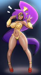 1girls 2021 :o ass_visible_through_thighs bare_legs big_breasts blue_eyes blush breasts brown_skin busty cameltoe dark-skinned_female dark_skin female female_focus female_only genie gold_clothing half-genie hi_res hips hoop_earrings long_ears long_hair open_mouth peace_sign pointy_ears ponytail purple_hair revealing_clothes shantae shantae_(character) slim_waist smooth_skin standing thick_thighs thighs unconventional_clothes very_long_hair wide_hips zzvinniezz