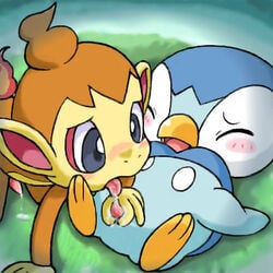 2boys black_eyes blue_feathers blush chesnut_(artist) closed_eyes furry licking_penis lowres male male_only monkey no_humans orange_fur penguin piplup pokemon pokemon_(species) pokemon_dppt tail_fire