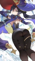 1girls ass ass_focus big_ass big_butt black_hair black_legwear black_stockings blue_eyes butt clothed clothing dat_ass detailed_background digital_media_(artwork) female female_only genshin_impact highres hood_x_art leotard mihoyo mona_(genshin_impact) pantyhose thick_thighs thighs twintails water