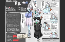 big_breasts blue_skin character_profile chest_wraps cleavage clothing dragon_quest fish_girl flower haruozi huge_breasts japanese_text large_breasts original_character skirt swimsuit translation_request white_hair