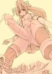 1futa bottomless breasts city clothed clothing cum cum_everywhere cum_flood destruction erect_penis erection flooding futa_giantess futa_only futa_sans_balls futanari giant giant_futanari giantess human kantai_collection light-skinned_futanari light_skin long_hair low-angle_view macro macro_futa monochrome partially_clothed penis seo_tatsuya solo standing yamato_(kantai_collection)