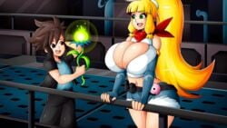 1boy 1girls bare_midriff big_breasts blonde_hair breasts brown_eyes brown_hair cleavage clothed color colored green_eyes high_ponytail long_hair neckerchief ponytail shorts smaller_male standing tagme the_solarion_project witchking00