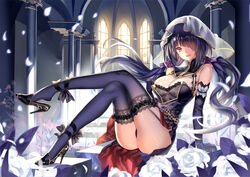 arm_support ass bare_shoulders black_gloves black_hair black_legwear black_panties breasts cleavage dress elbow_gloves female female_only garter_straps gloves hair_over_one_eye high_heels indoors legs_crossed long_hair looking_at_viewer miyazaki_byou panties pillars purple_rose red_eye rose_petals roses see-through shoe_dangle sitting sleeveless smile thighhighs twintails two_tone_hair veil very_long_hair white_rose windows