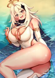 1girls absurd_res aged_up alternate_breast_size anime_style ass big_ass big_breasts bikini blush cleavage cleavage_cutout curvy_figure eye_contact female foxy_rain_(foxyreine) foxyrain_(foxyreine) foxyreine genshin_impact grey_eyes high_resolution large_breasts long_hair looking_at_viewer one-piece_swimsuit paimon_(genshin_impact) shiny_skin swimsuit thick_ass thick_thighs thighs very_high_resolution white_hair