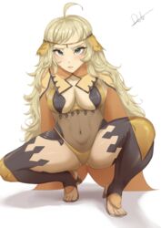 1girls absurdres ahoge arms_behind_back bangs bare_thighs blonde_hair blue_eyes bodystocking breasts cape commission covered_navel deliciousbra female fire_emblem fire_emblem_fates grey_eyes high_heels highres inner_thighs long_hair looking_at_viewer medium_breasts nintendo ophelia_(fire_emblem) panties solo squatting thighhighs thighs toeless_footwear underwear very_long_hair yellow_panties