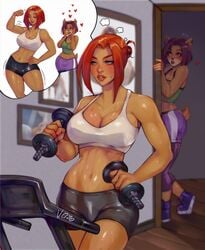 2girls anthro artist_signature athletic athletic_female blue_eyes blush cleavage crash_(series) daydream dumbbell exercise flexing furry heart human liz_bandicoot muscle_worship original_character red_hair swooning tank_top theartofvero thick_thighs toned toned_female treadmill trisha_(jack020) vero workout workout_clothes yuri