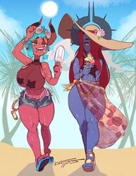 beach cayenne_(gattles) cigarette demon demon_girl eyewear_on_head gattles horns hot_pants ice_cream original paprika_(gattles) sandals side_tie_bikini succubus summer sun_hat sunglasses sunglasses_on_head swimsuit swimsuit_under_clothes