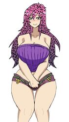 1girls blush booty_shorts diavolo doppios_sweater green_eyes jojo's_bizarre_adventure looking_at_viewer mannungei pink_hair rule_63 smile solo sweater tagme vento_aureo wide_hips