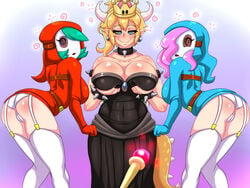 3girls ass ass_focus bent_wrist bowsette cleavage corruption hypnoroxa hypnosis kibazoku large_ass large_breasts mario_(series) multiple_girls new_super_mario_bros._u_deluxe panties pantyshot shy_gal super_mario_bros. underwear upskirt wide_hips