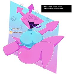 2021 anthro armless arrow blazkenzxy blush bottomless clothed clothing deltarune deltarune_chapter_2 digital_drawing_(artwork) digital_media_(artwork) english_text female hi_res huge_breasts huge_butt pink_body shortstack signature simple_background solo spiral_eyes thick_thighs tongue_out topwear virovirokun