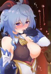 aether_(genshin_impact) ahoge bangs bare_shoulders bell black_gloves blue_hair blush bow bowtie breasts clothes_pull covered_erect_nipples detached_sleeves eyebrows_visible_through_hair full-face_blush ganyu_(genshin_impact) genshin_impact gloves gold_trim hand_to_own_mouth heart heart-shaped_pupils horns kimukimu looking_at_another looking_to_the_side medium_breasts neck_bell nipples one_breast_out open_mouth purple_eyes sidelocks symbol-shaped_pupils trembling white_sleeves