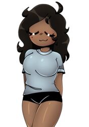 arms_behind_back big_breasts black_hair blue_shirt blush closed_eyes friday_night_funkin little_horny sunday_(bbpanzu) thick_legs thick_thighs white_background