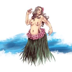 2019 blue_sky brown_eyes brown_hair character_design_challenge clouds digital_painting_(artwork) female_only flower_belt flowers_in_hair grass_skirt hula hula_dancer hula_girl hula_skirt instagram looking_away noucky_zan oc original_character topless topless_female