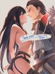 1boy 1girls after_kiss arms_behind_back artist_name ascot ass ayra_(fire_emblem) black_eyes black_hair black_panties blush bondage bound breasts chain_leash chains collar commission couple female femsub fire_emblem fire_emblem:_genealogy_of_the_holy_war fire_emblem:_thracia_776 garter_straps garters highres leash long_hair looking_at_another male maledom nintendo original panties purple_eyes reinhardt_(fire_emblem) saliva saliva_trail sassakntm signature topless underwear watermark