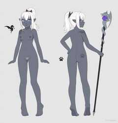 1girls ass ass_tattoo back barefoot blue_eyes breasts character_sheet cristalavi dark_elf dragon_tattoo elf grey_skin hand_on_hip looking_at_viewer looking_back multiple_views navel nipples nude original paw_tattoo pointy_ears ponytail pubic_hair pussy shoulder_tattoo sidelocks smile staff standing tattoo tiptoes weapon white_hair