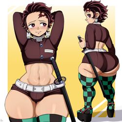 1boy amile ass big_ass blackwhiplash blush booty_shorts bottom_heavy bubble_ass bubble_butt bulge crop_top demon_slayer earrings facial_mark femboy feminine_male feminization huge_ass kamado_tanjirou kimetsu_no_yaiba looking_at_viewer looking_back male male_only midriff platform_footwear shorts solo sword thick_thighs thighhighs wide_hips zettai_ryouiki