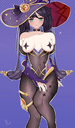 1girls absurdres artist_name bare_shoulders black_hair black_legwear blue_leotard breasts collarbone elbow_gloves genshin_impact gloves green_eyes hat highres leotard long_hair looking_at_viewer medium_breasts mona_(genshin_impact) open_mouth pantyhose pasties purple_background purple_theme solo sparkle_print topless twintails witch yonzh1cc