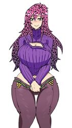 1girls blush boob_window diavolo doppios_sweater green_eyes jojo's_bizarre_adventure looking_at_viewer mannungei pink_hair rule_63 smile solo sweater tagme vento_aureo white_background wide_hips