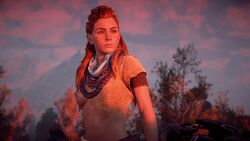 1girls 3d aloy breast_outside breasts earrings female female_only horizon_zero_dawn mountain nipples outside perky_breasts perky_nipples red_hair screenshot_edit solo torn_clothes trees yellow_eyes