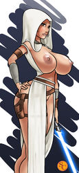 1girls absurd_res areolae arm_warmers armwear bare_legs belt big_breasts blue_lightsaber breasts brown_eyes brown_hair busty child_bearing_hips cleavage clothed clothing curvaceous curvy edit exhibitionism eyelashes female female_focus female_only hand_on_ass highres holding_sword holding_weapon holster hood hourglass_figure huge_ass huge_breasts large_breasts light-skinned_female light_skin lightsaber lips melee_weapon nipples pose pussy revealing_clothes rey robe shiny_skin simple_background socarter solo standing star_wars sword the_rise_of_skywalker thick thick_ass thick_thighs voluptuous weapon white_clothing wide_hips