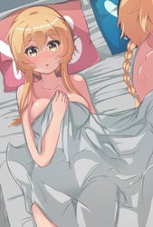 1boy 1boy1girl 1girls aether_(genshin_impact) after_sex amber_eyes bed blonde_hair blush blushing braid braided_hair breasts brother_and_sister covering_breasts genshin_impact hetero hoyoverse implied_incest incest laying_on_bed lumine_(genshin_impact) male/female medium_breasts mihoyo nail_scratch naisu naked nude_underneath ponytail short_hair siblings straight sweat twincest twins