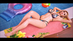 3d abs bikini blonde_hair lana_(sneakybastard) large_breasts lipstick looking_at_viewer outdoor outdoors outside pinup pool red_lipstick shiny_skin sneakybastard wet_skin