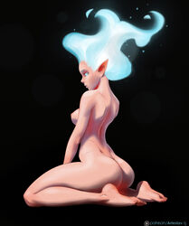 1girls arteslav ass back back_to_viewer barefoot blue_eyes blue_hair breasts curvy curvy_female curvy_figure elf elf_ears elf_girl female fiery_hair fire fire_hair glowing glowing_blue_eyes glowing_eyes glowing_hair highres image kneeling light_hair magic magic_user naked_female nipples nude nude_female on_knees original parted_lips pointy_ears sideboob solo solo_female