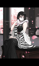 big_breasts black_hair bondage demon_slayer detailed_background dishwasher1910 female female_only genderswap genderswap_(mtf) hakama haori heterochromia iguro_obanai kaburamaru kimetsu_no_yaiba long_skirt looking_at_viewer mouth_mask pale_skin petals rule_63 sitting sleeveless snake solo