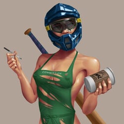 baseball_bat commission damaged_clothes daniela_martín goggles green_apron helmet iced_latte_with_breast_milk light_skin meme motocross motocross_helmet motorcycle_helmet naked_apron nazreizo_(artist) nipple_bulge pen plain_background small_breasts starbucks thin_waist waist_up world_war_z