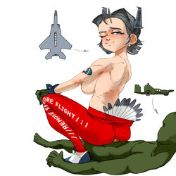 anthrofied big_breasts buttjob earrings english_text f-15 faceless_male feather_tuft grey_hair leggings living_aircraft original_character pants partially_nude poking_out shoes sideboob sitting_on_person sports_shoes tongue_out toorops topless topless_female wink