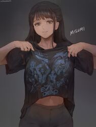 1girls absurd_res black_eyes black_hair blunt_bangs cutesexyrobutts evil_dead female female_only hi_res looking_at_viewer midriff original original_character shirt shirt_lift smile solo the_evil_dead youtuber