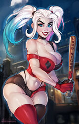 1girls alternate_version_available ange1witch bare_shoulders baseball_bat bat_(object) batman_(series) big_breasts blue_eyes blue_hair breasts choker cleavage collarbone dc eyeshadow female female_focus female_only fingerless_gloves gloves grin happy happy_female harleen_quinzel harley_quinn harley_quinn_(2019) harley_quinn_(series) large_breasts light-skinned_female light_skin lipstick looking_at_viewer makeup mismatched_legwear multicolored_hair night outside parted_lips patreon pink_hair platinum_blonde_hair red_lipstick signature smile smiling_at_viewer solo suicide_squad teeth thick_eyebrows thick_hips thick_thighs thighhighs thighs thunder_thighs twintails villain villainess watermark weapon white_hair wide_hips