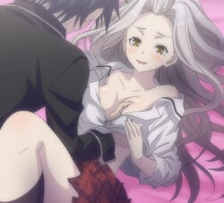 bed bed_sheet bedroom big_breasts black_hair blush breast_grab breasts cute female female_dominated female_on_bottom gold_eyes grabbing_breasts grope groping groping_breast hand_on_breast hand_on_chest hand_under_shirt kasuga_arata kurata_yui leg_up loose_clothes loosen male male_on_female male_on_top missionary missionary_position pink_bed_sheet school_uniform sex skirt stockings thighs touching_breast trinity_seven unbuttoned_shirt uniform white_hair white_skin