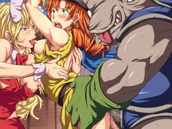 alena_(dq4) arms_above_head bisexual bisexual_(female) blush bondage breast_lick bunny_ears bunny_girl bunny_suit bunnysuit captured censored clothed_sex clothing dragon_quest dragon_quest_iv forced_bi hetero maku_(l-u) makura_no_doushi medium_breasts monster monster_cock nipple_licking penis prima_donna rape sex small_breasts straight threesome torn_clothes vaginal_penetration