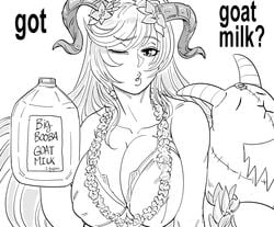 1girls ;o alternate_costume bb_(baalbuddy) bikini bottle bra breasts cleavage commentary covered_nipples curled_horns english_commentary english_text female fire_emblem fire_emblem_heroes flower flower_necklace freyja_(fire_emblem) freyja_(summer)_(fire_emblem) goat_horns got_milk greyscale highres holding holding_bottle horns jewelry large_breasts long_hair looking_at_viewer milk_bottle monochrome necklace nintendo official_alternate_costume one_eye_closed parted_lips simple_background solo stuffed_goat swimsuit underwear very_long_hair white_background wink wreath